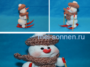 Как сделать елочную игрушку "Снеговик на лыжах" своими руками?